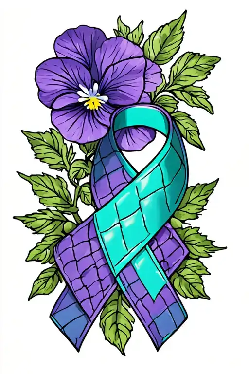 Memorial Tattoo With Quilted Patch And African Violet Flower And Teal Cancer Ribbon