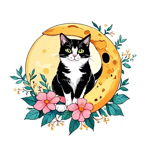 Cat Sitting On Moon Flowers Coming