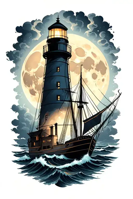 Full Moon Over A Lighthouse Ship And Storm In Backgrounds