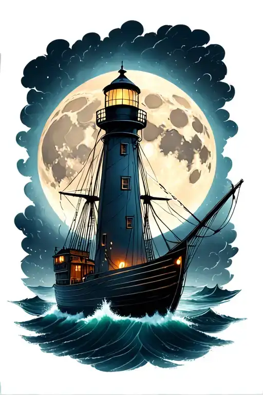 Full Moon Over A Lighthouse Ship And Storm In Backgrounds