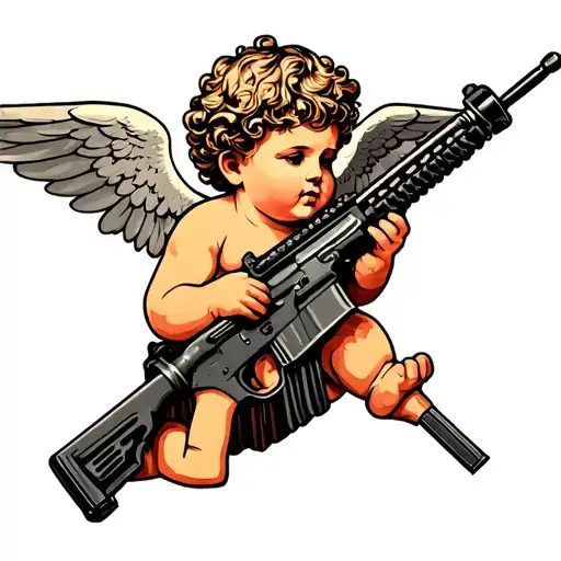 Cherub Holding Ar-15 In Neo Traditional Style Tattoo idea