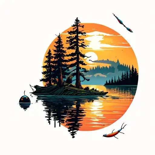 Sunset With Trees On A Lake With Bobbers