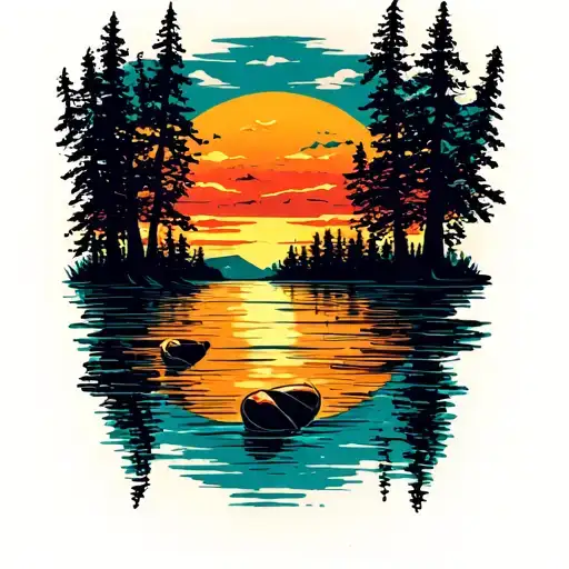 Sunset With Trees On A Lake With 2 Bobbers On The Lake