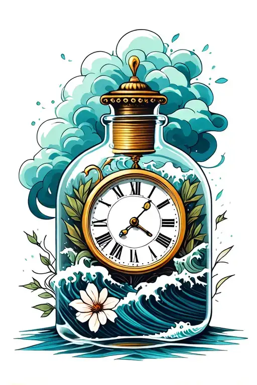 Time In A Bottle With Clock And Storm Clouds Inside And Waves With Hoya Flowers Around The Bottle