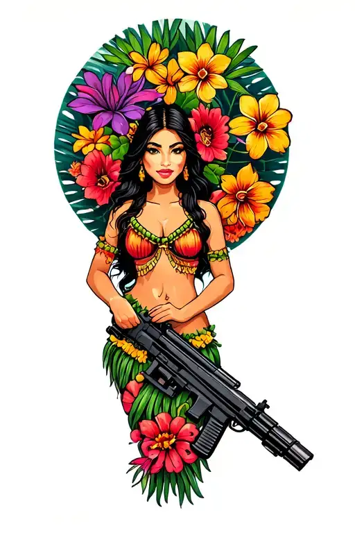 Hawaiien Style Flowers And Plants With A Hula Girl Holding A M134 Minigun