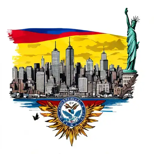 Brooklyn New York City Skyline With The Statue And Colombian Flag On The Side