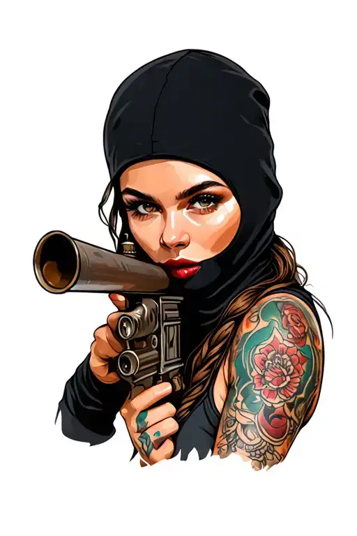 Pretty Woman Wearing Balaclava Holding Bazooka