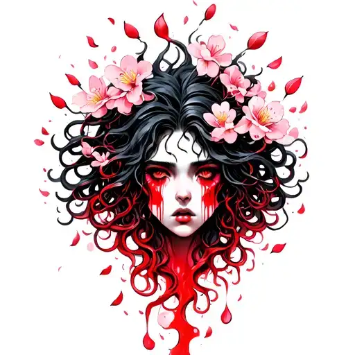 Medusa Crying Red Tears Blowing Cherry Blossom Petals Falling