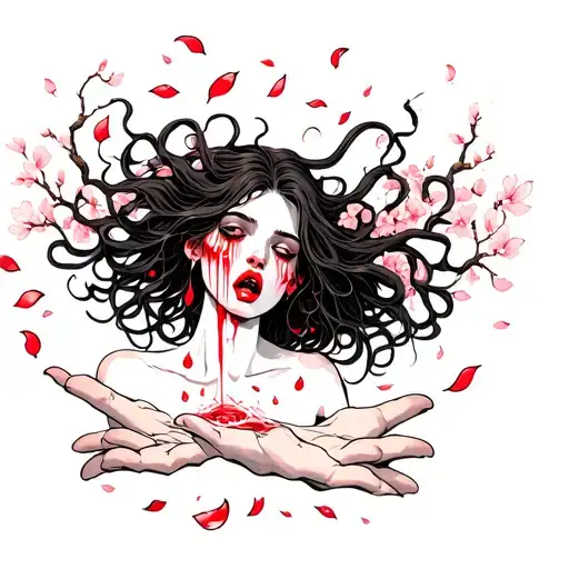 Medusa Crying Red Tears Blowing Cherry Blossom Petals Out Hands