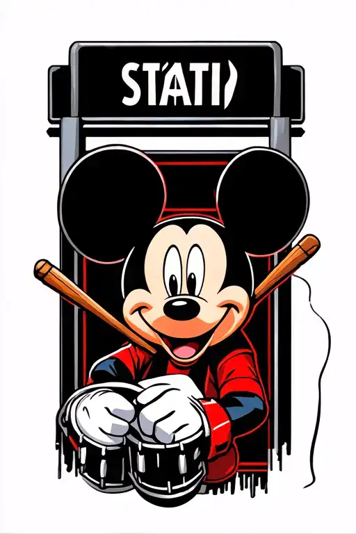 Mickey Mouse Hands Holding Drumsticks And A London Subway Station Sign