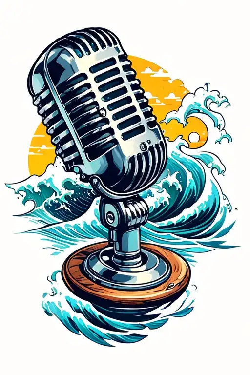 Retro Microphone Surrounded By Ocean Wave
