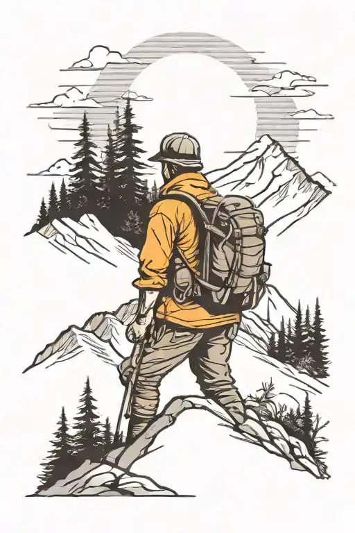 Hiker Far Away In The Mountains With Sun Rising