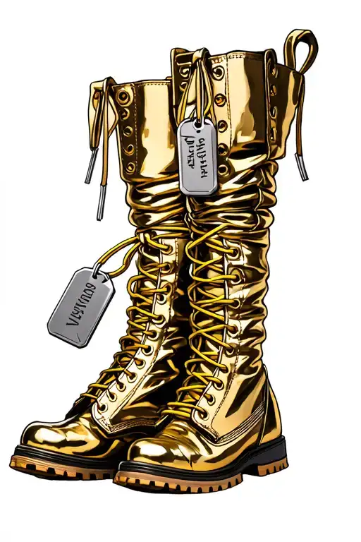 Gold Military Boots With A Set Of Dog Tags Hanging Off Of The Boots