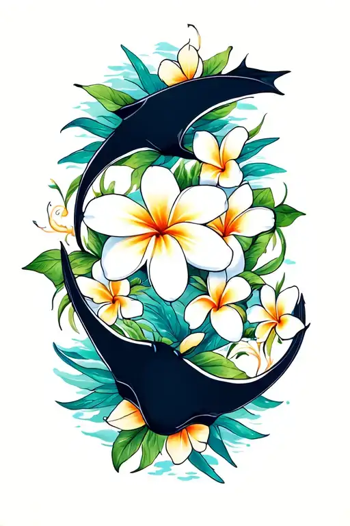 2 Manta Rays And Plumeria Flower Intertwined