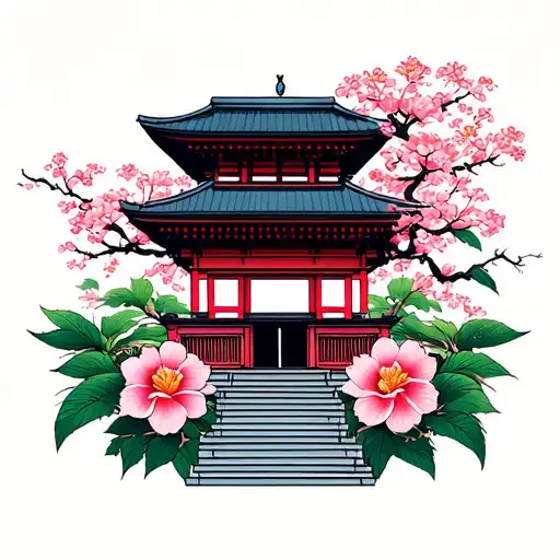 Japanese Temple With Flowers