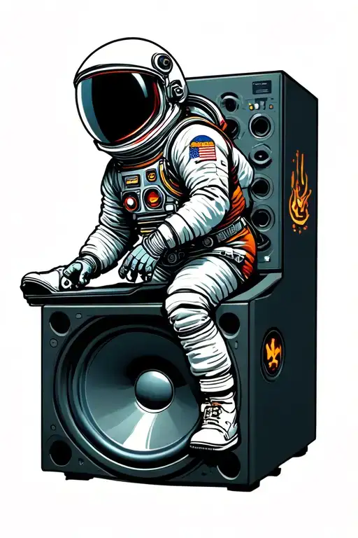 Astronaut Riding A Subwoofer Emitting Sound Tattoo idea