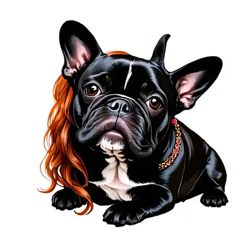 A Redhead Young Woman Standing Next To A Black French Bulldog