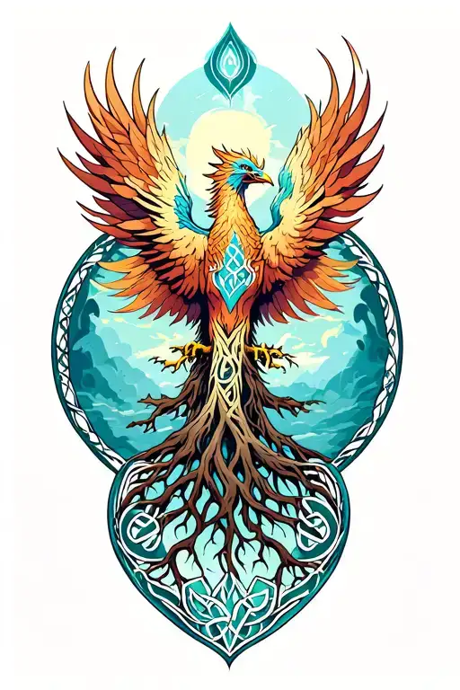 Rising Phoenix Above Tree Of Life In The Celtic Tribal Art Style