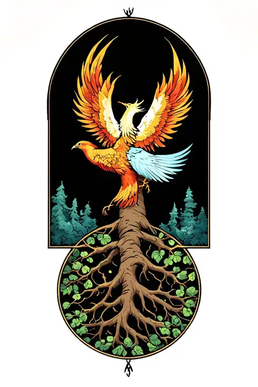 Phoenix Rising Above Tree Of Life Intertwined