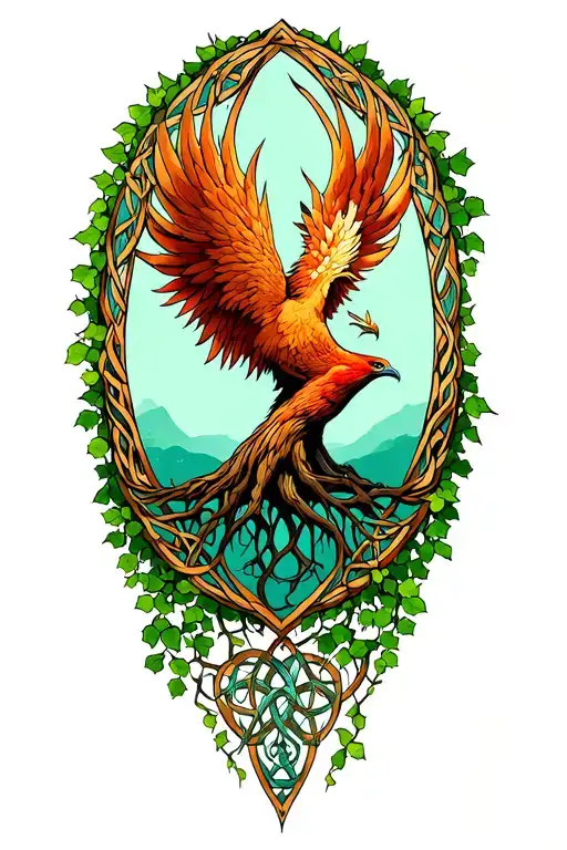 Phoenix Rising Above Tree Of Life Framed By Celtic Tribal Style Ivy Vine
