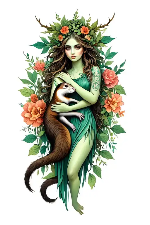 Dryad Holding A Ferret Against A Background Of Leaves And Flowers