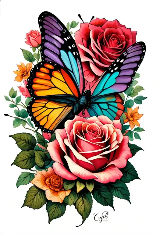 Rose And Butterfly Perched