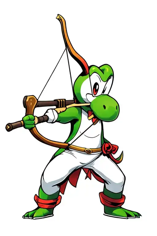 Yoshi In Detail Holding A Recurve Bow With His Arrow Notched And Ready
