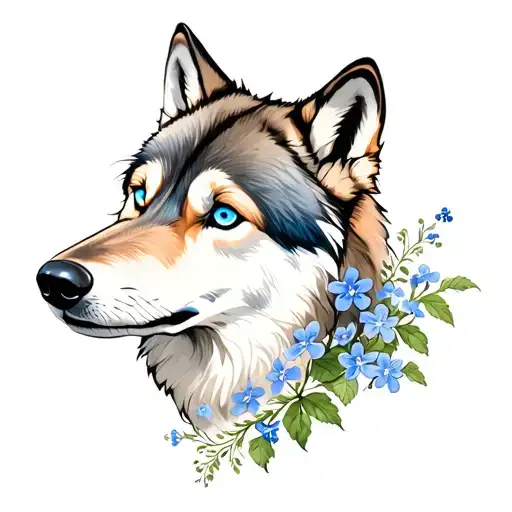 Wolf With Blue Eyes Of Two Wolf Cubs And Forget -Me -Nots