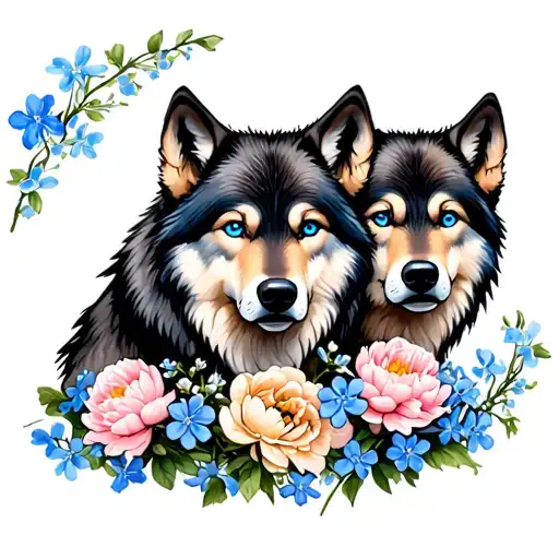 Wolf With Blue Eyes And Two Wolf Cubs With Peonies And Forget -Me -Nots
