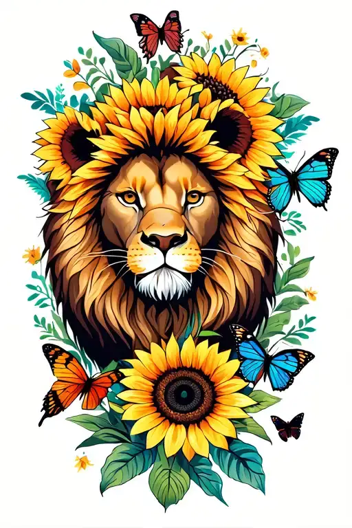 Lion With Sunflowers And Butterflies