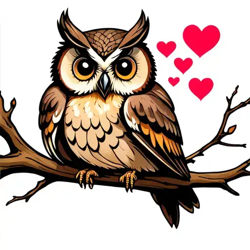Owl Perched On A Branch With 4 Love Hearts Above It