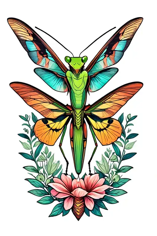 Praying Mantis Holding Moth Surrounded By Botanical Elements Tattoo idea
