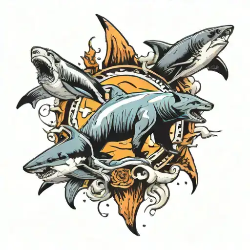 Bear Footprint And Two Sharks Around It Illustrative