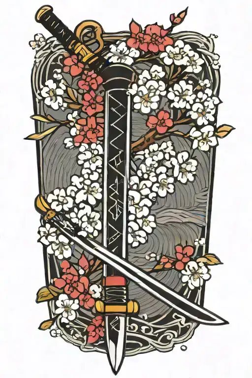 Japanese Katana Sword In Front Of Japanese Koto With Cherry Blossoms In Background