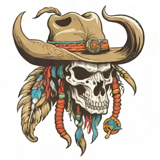 Bull Skull Cowboy Hat On Horn And Native American