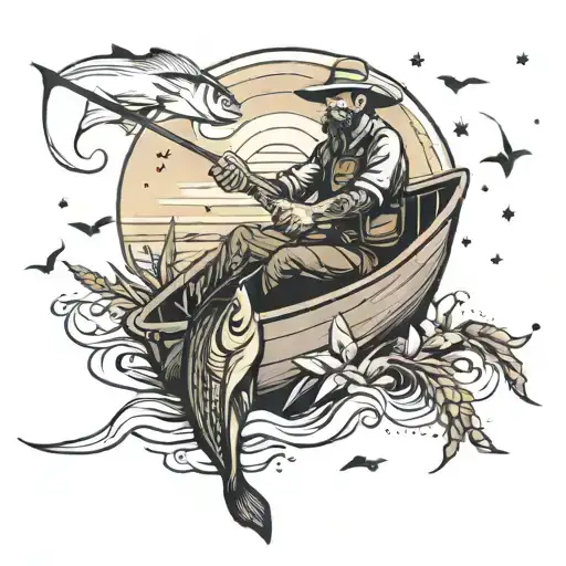 Fishing On Boat With Corn Feild In Background With Stars And Flowers