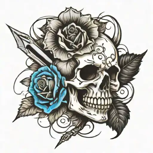 Sketch Of A Tattoo On The Forearm Of The Skull And Rose Pierced With A Dagger