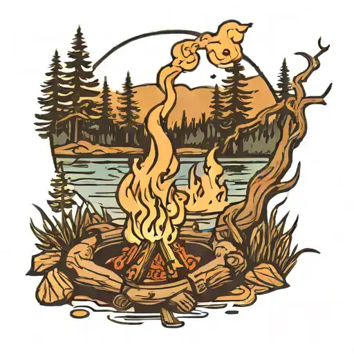 Campfire With Woods Background And Lake