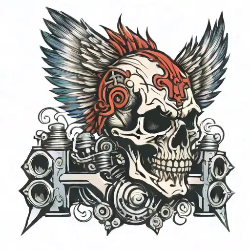 Skull With A Falling Mohawk To The Left And Two Pistons Crossed Like An X On The Barkground