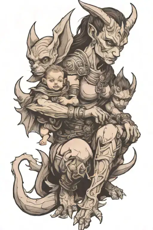 Female Gargoyle Warrior With Her Toddler