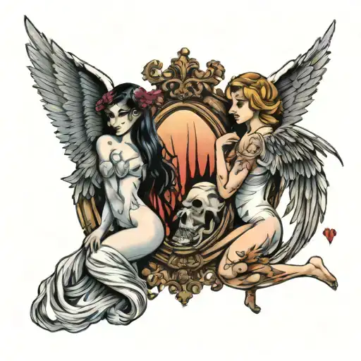 Angel And Devil Girls With Full Body Wing In Mirror Looking