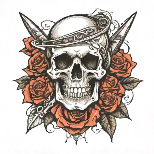 Sketch Of A Tattoo On The Forearm Of The Skull And Rose Pierced With A Dagger