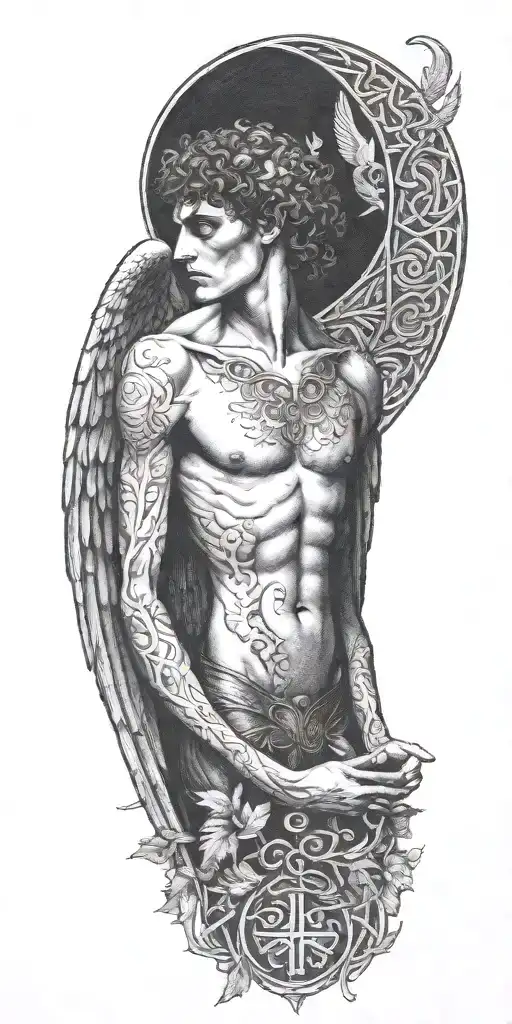 Skinny Lucifer Franz Von Stuck With Wings Surrounded By Celtic Leaves