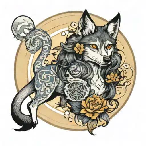 Fae Female Morphing Into A Wolf Surrounded By A Moon