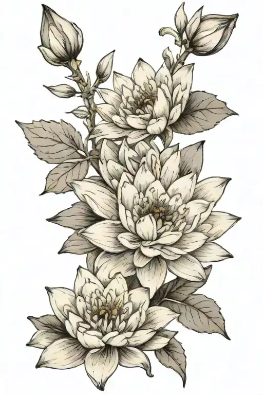A Black And Grey Realistic Depiction Of A Waterlily And Larkspur Flower Blooming Together