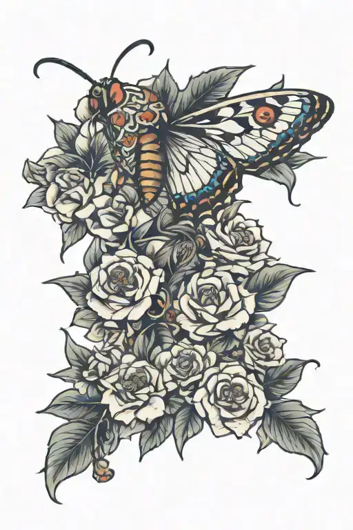 Flowers Wrapping On Hip With Moth