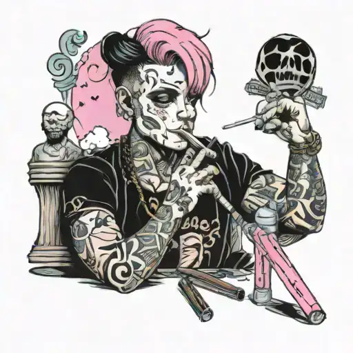 Emo Boy With Facial Piercings And Tattoos Smoking A Pink Cigarettes