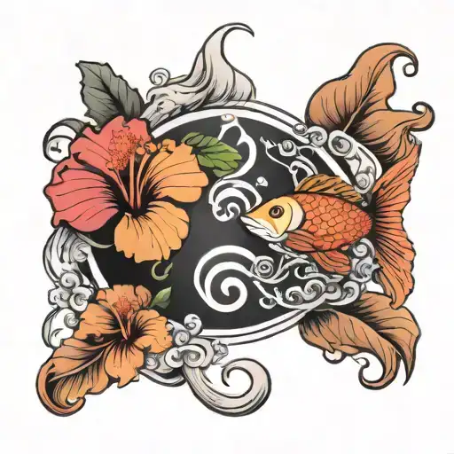 Hibiscus And Coi Fish Yin Yang