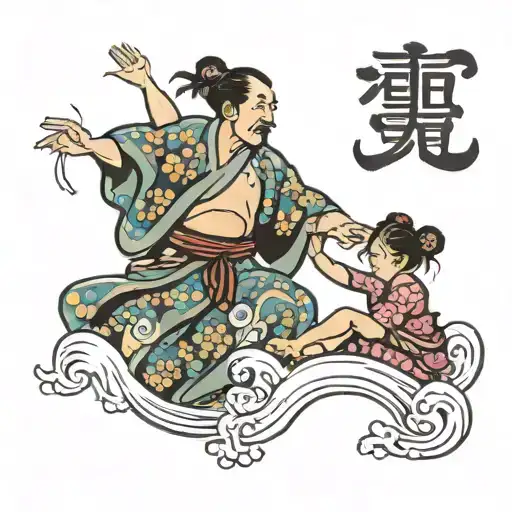 Japanese Waves Forms Shape Of Father Dancing With Daughters