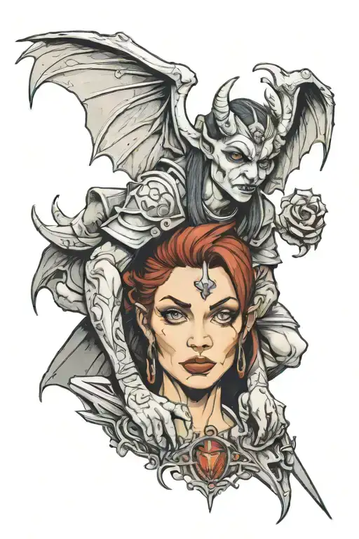 Female Gargoyle Warrior With Her Toddler